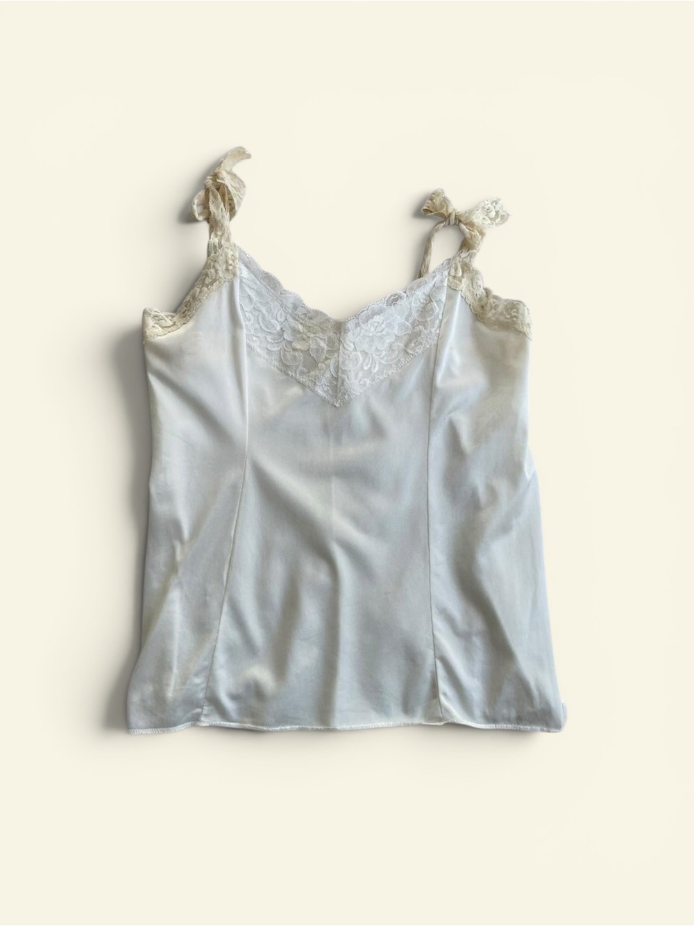 Deena Vintage 80s Ivory Lace Trim Camisole Top Tie Shoulder Fairycore Size 38 S